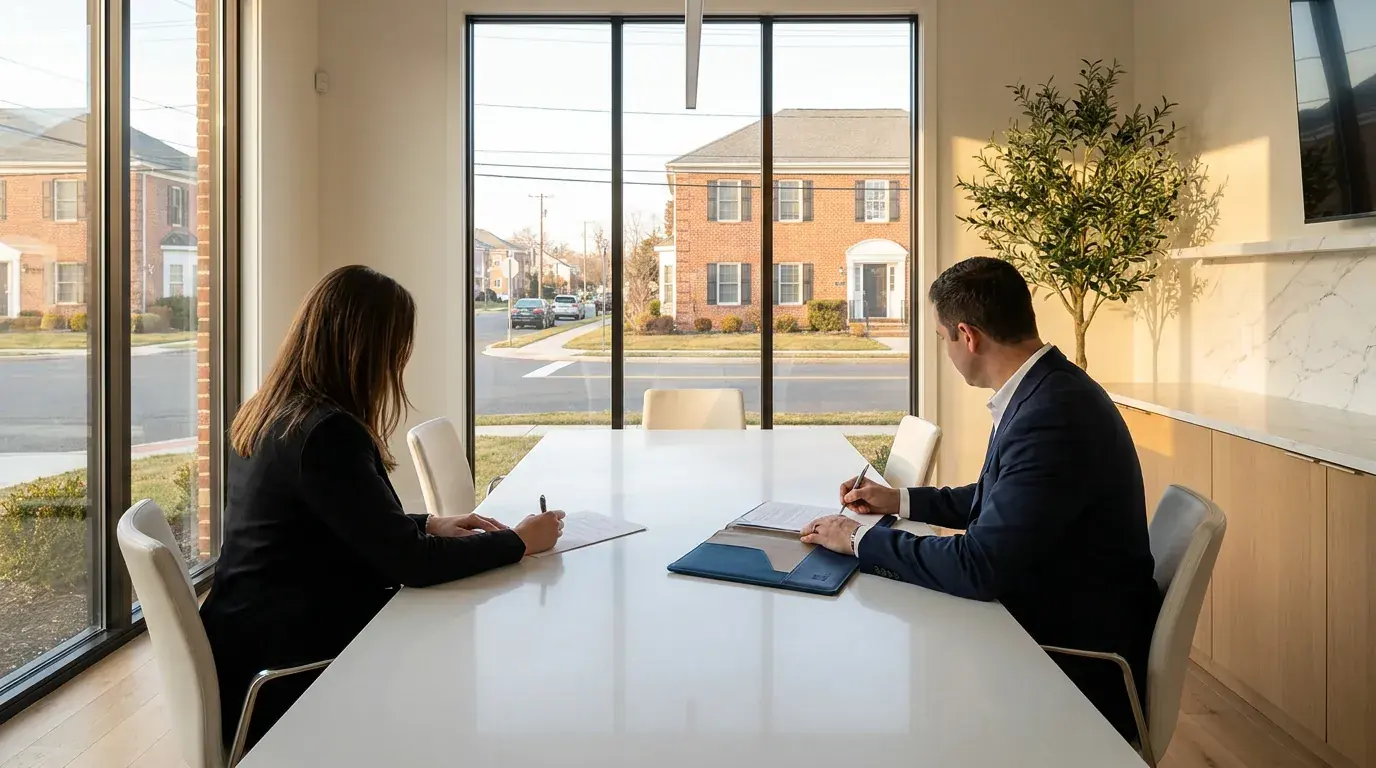 NJ cash home buyer closing documents being signed at a title company table in South Jersey
