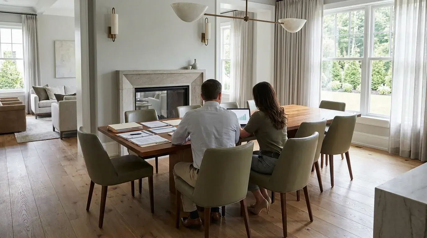Reputable cash home buyer reviewing documents with a South Jersey homeowner at a kitchen table