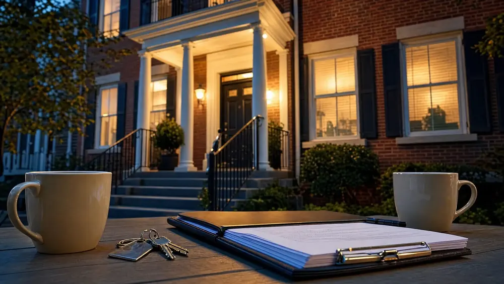 Cash home buyers meeting with a homeowner outside a Camden County NJ rowhouse