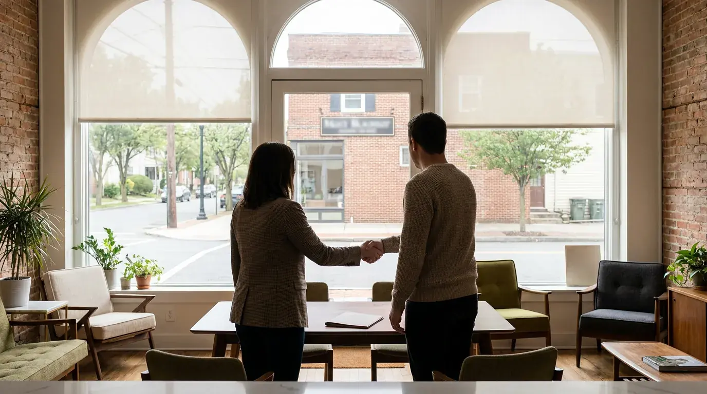 Cash home buyers meeting with a Collingswood NJ seller at a kitchen table to review a fast sale offer.