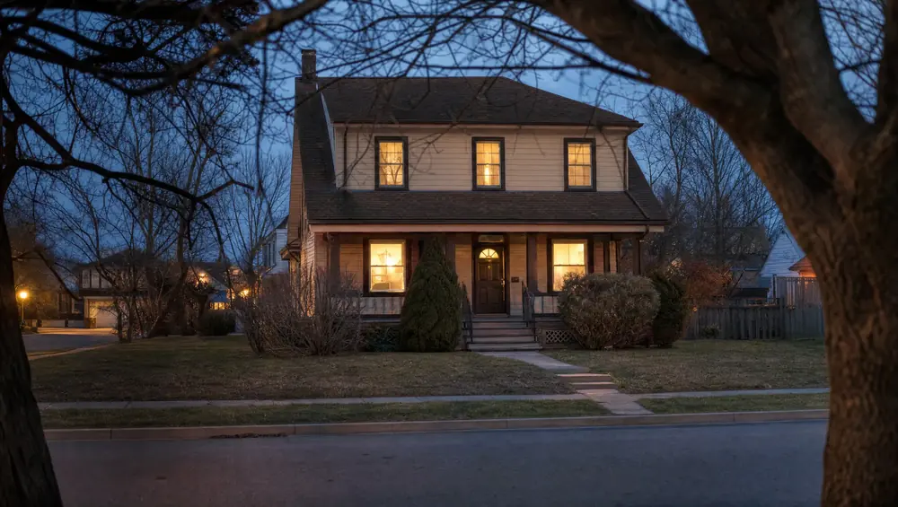 Cash home buyer meeting with a Gloucester County NJ homeowner outside a colonial-style house, reviewing a cash offer on a