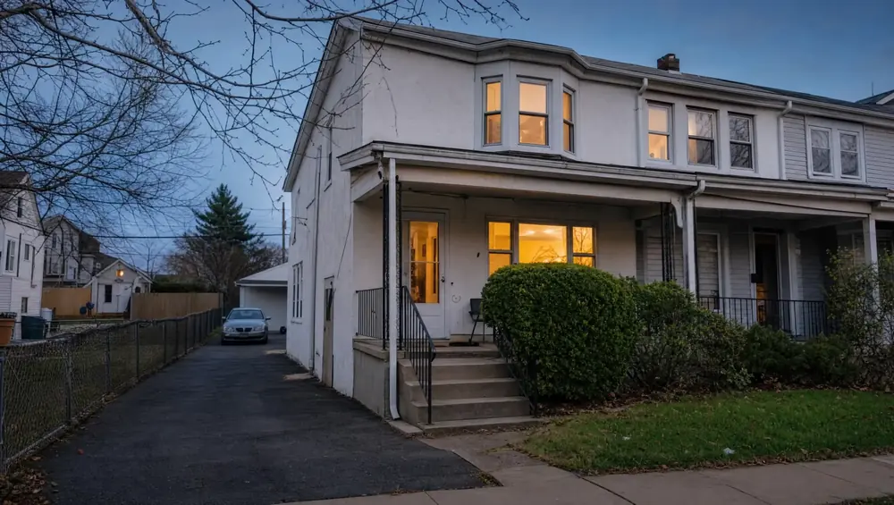 Retired couple reviewing paperwork outside a New Jersey home they are downsizing for retirement, boxes packed on the porch