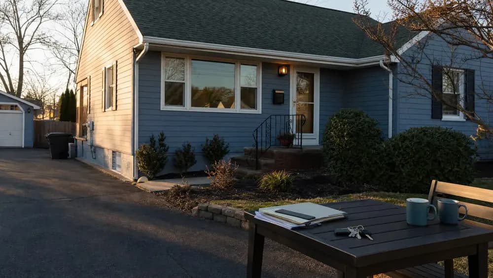 Adult children reviewing paperwork at a kitchen table while selling a parent's home for assisted living costs in New Jersey