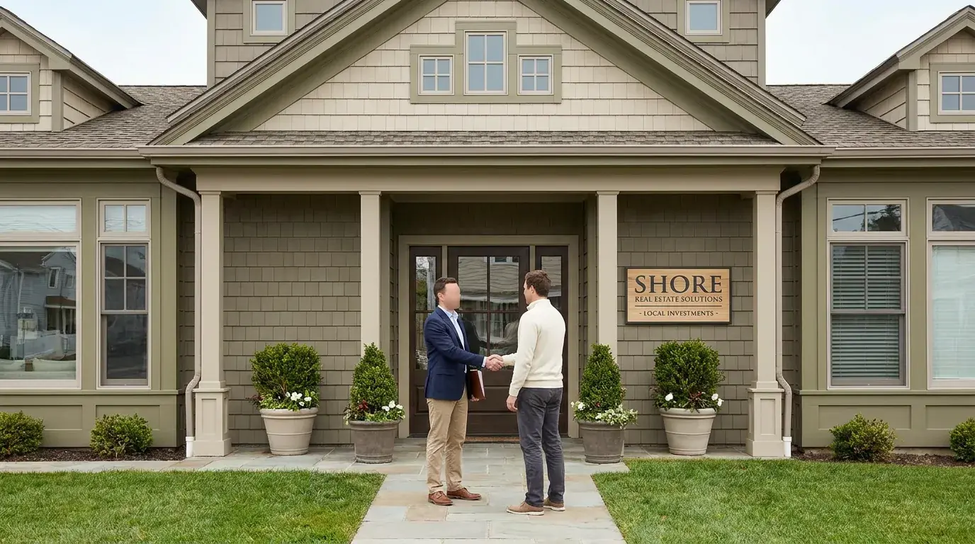 Cash home buyer meeting with Somers Point NJ homeowner outside a shore-area property ready to sell fast as-is.