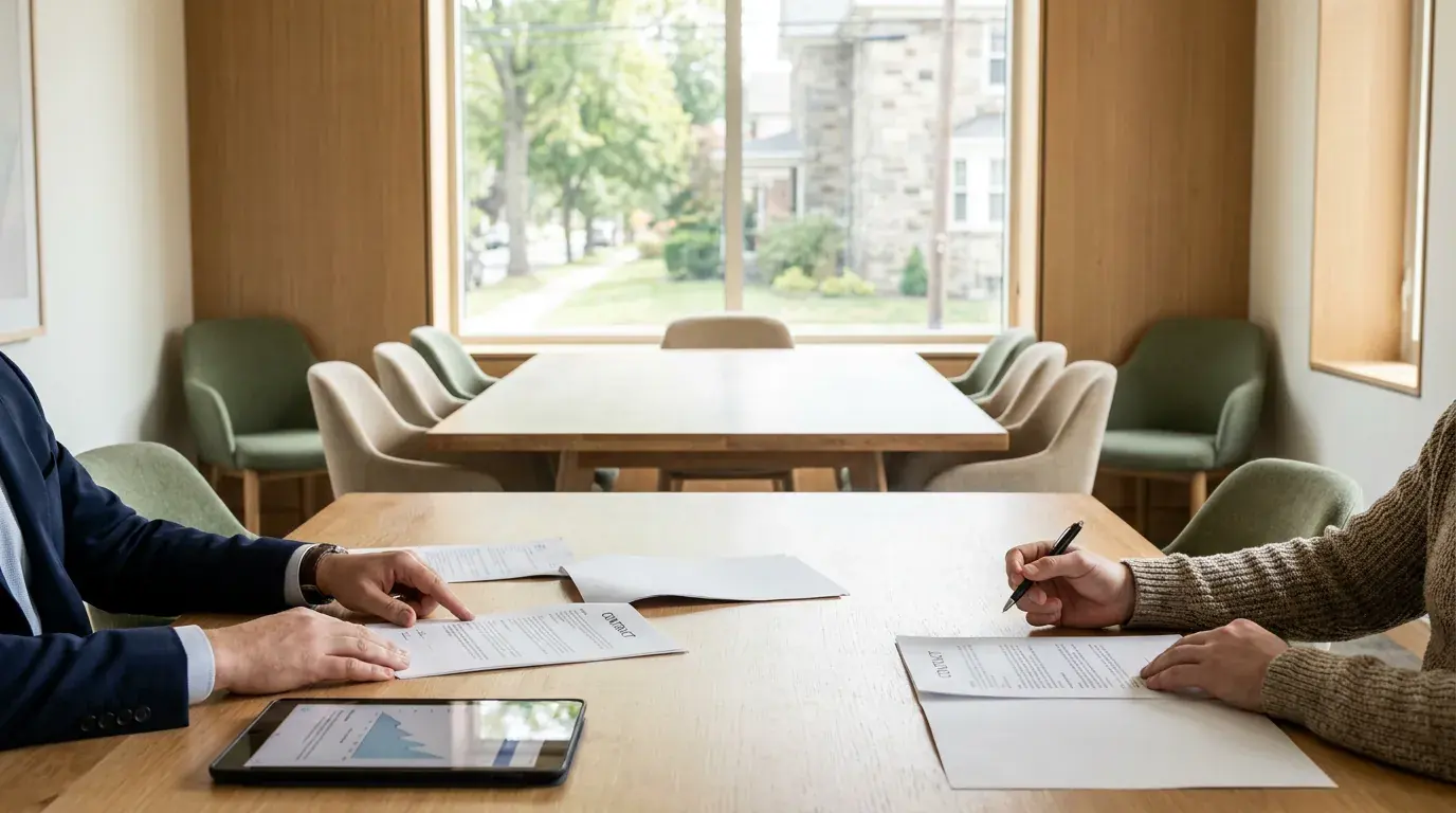 Cash home buyer reviewing a fast house sale offer with a Woolwich NJ homeowner at closing table